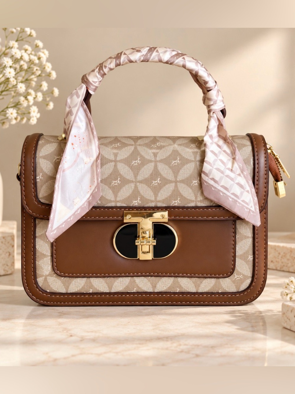 Taupe & Brown Satchel Crossbody Handbag with Scarf Accent Handle
